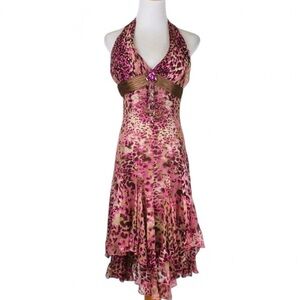 Diane Freis Cheetah/Leopard Pink Halter High-Low Dress
